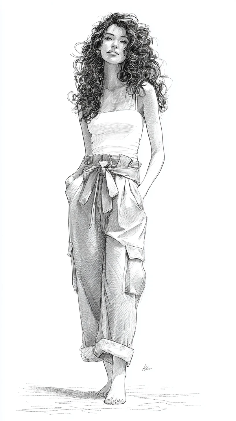 Pencil fashion sketch of a curly haired woman in overalls