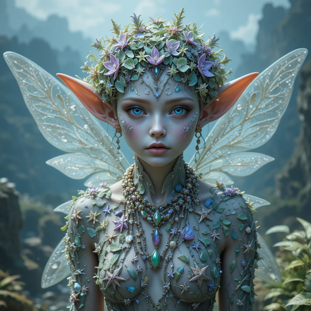 Mystical fairy woman with translucent wings by the ocean