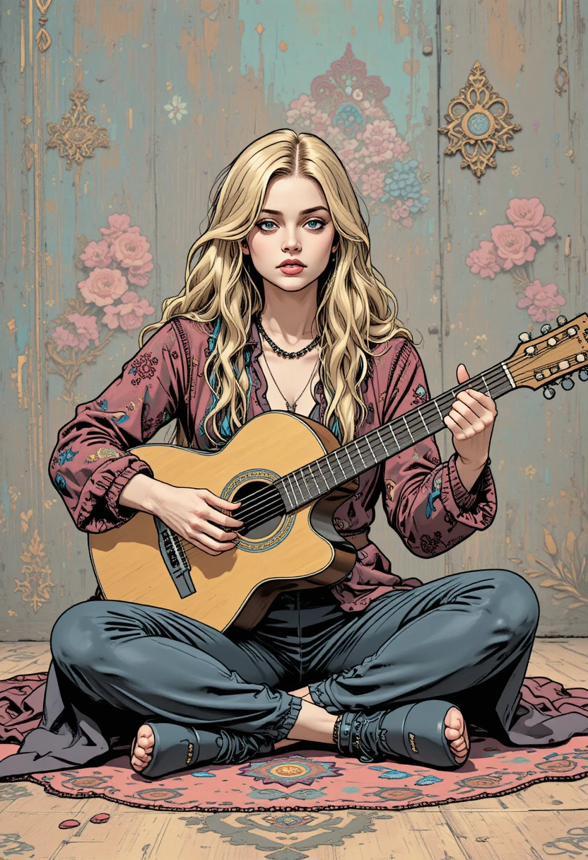 Hippie woman sitting cross legged playing acoustic guitar