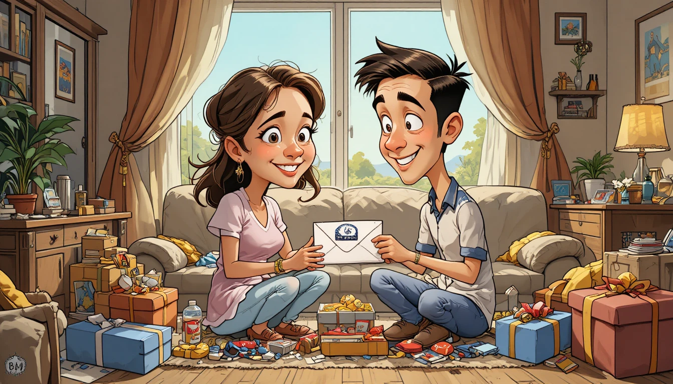 Young married couple unpacking wedding gifts at home