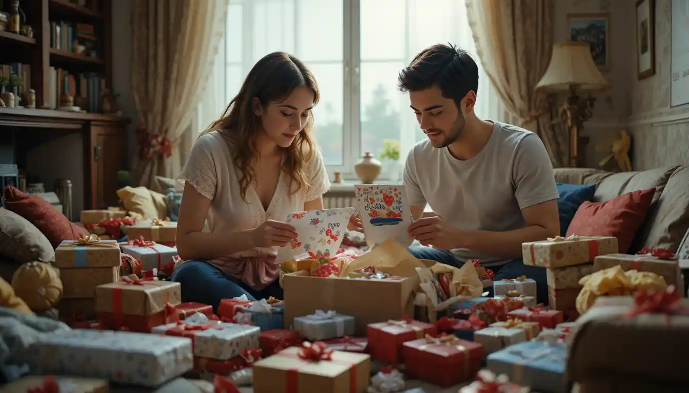 Young couple unpack wedding gifts in their cozy home
