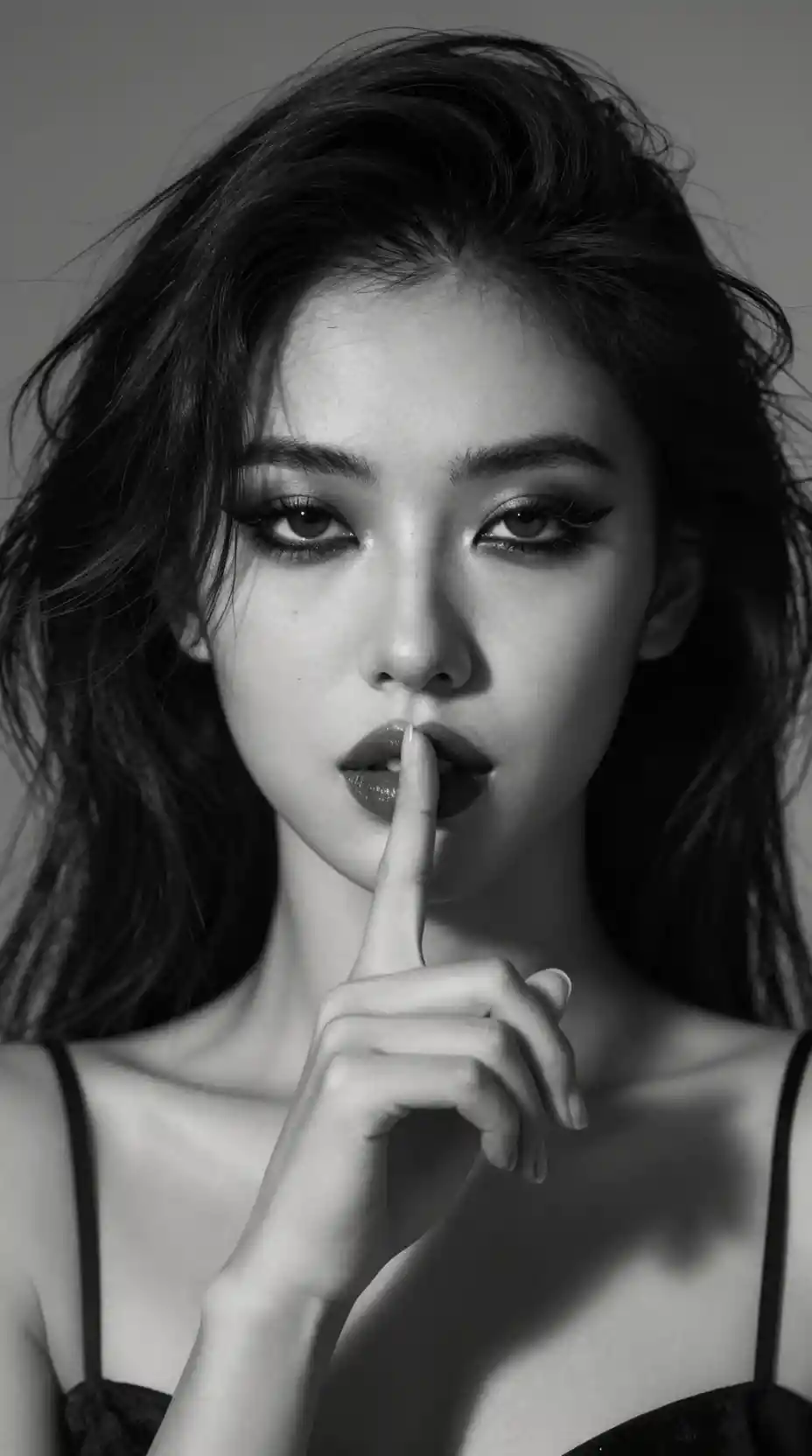 Grayscale cinematic portrait of a woman in shadow