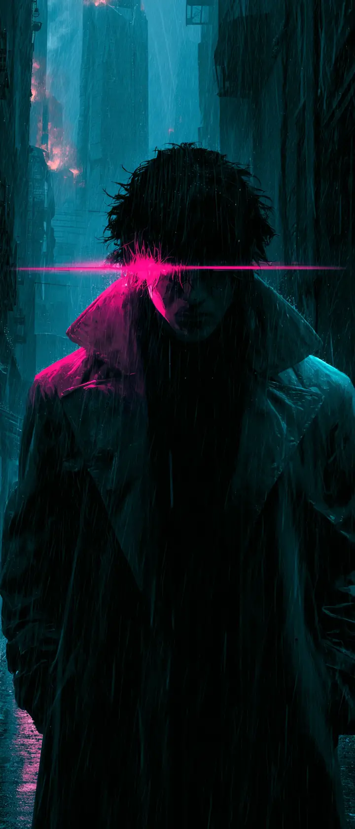 Woman in neon drenched alleyway under torrential cyberpunk rain