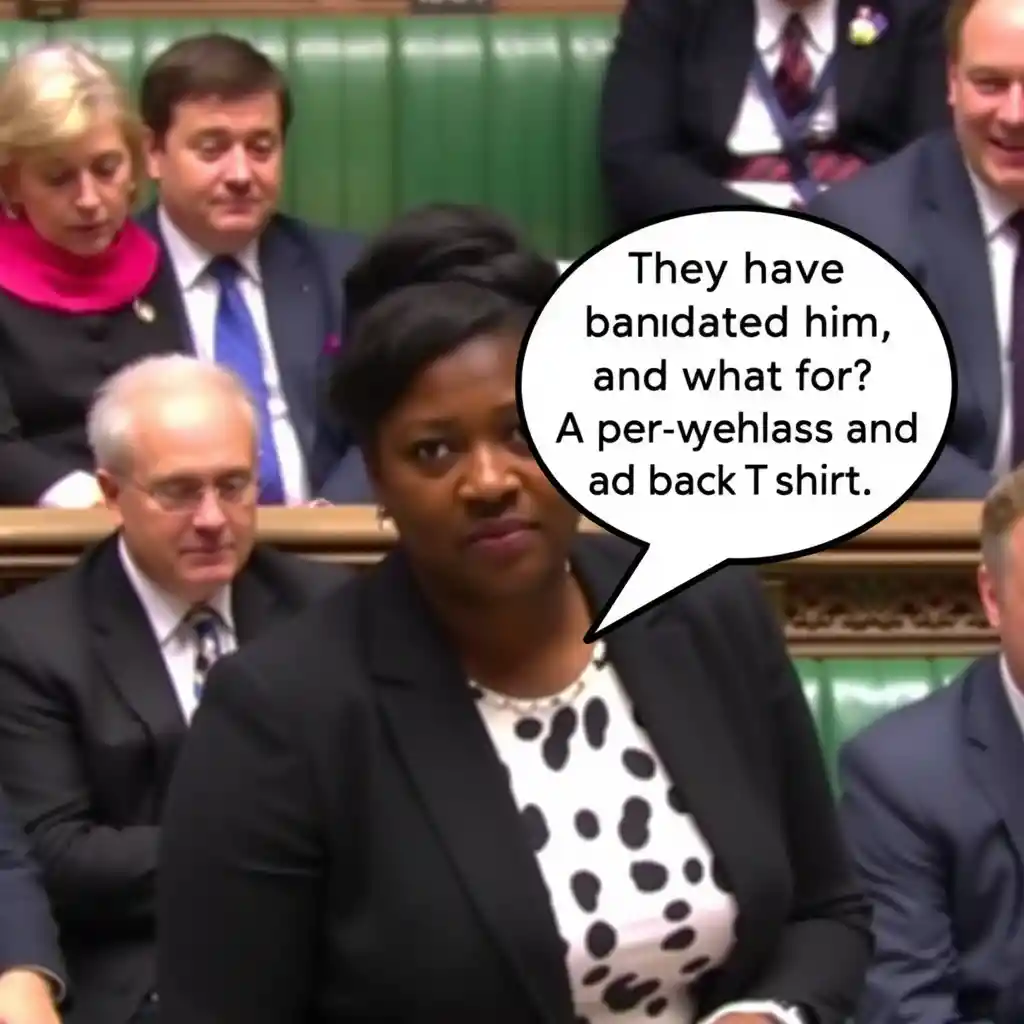 Female politician speaking with mocking speech bubble in parliament