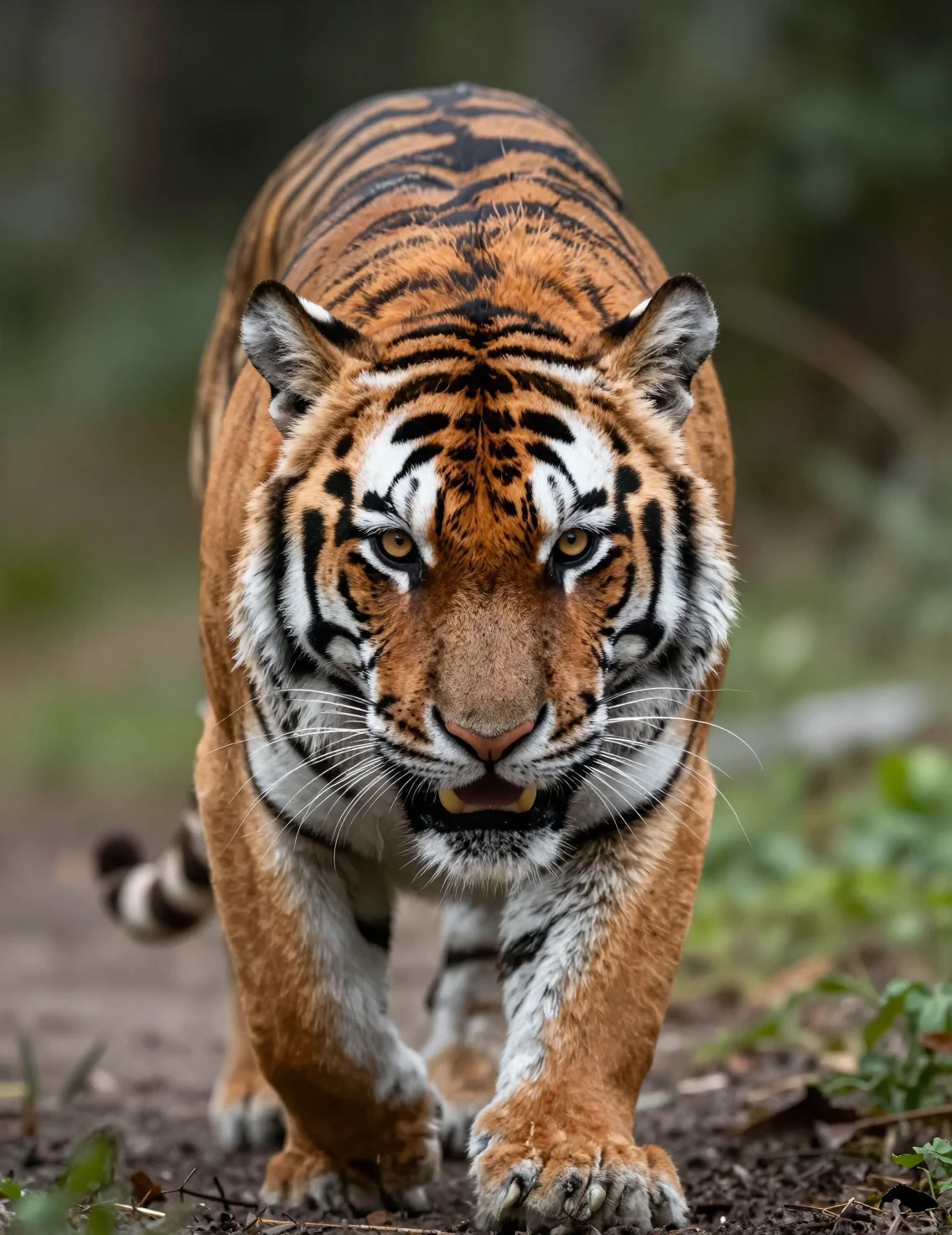 Fiery tiger standing in a dark midnight forest