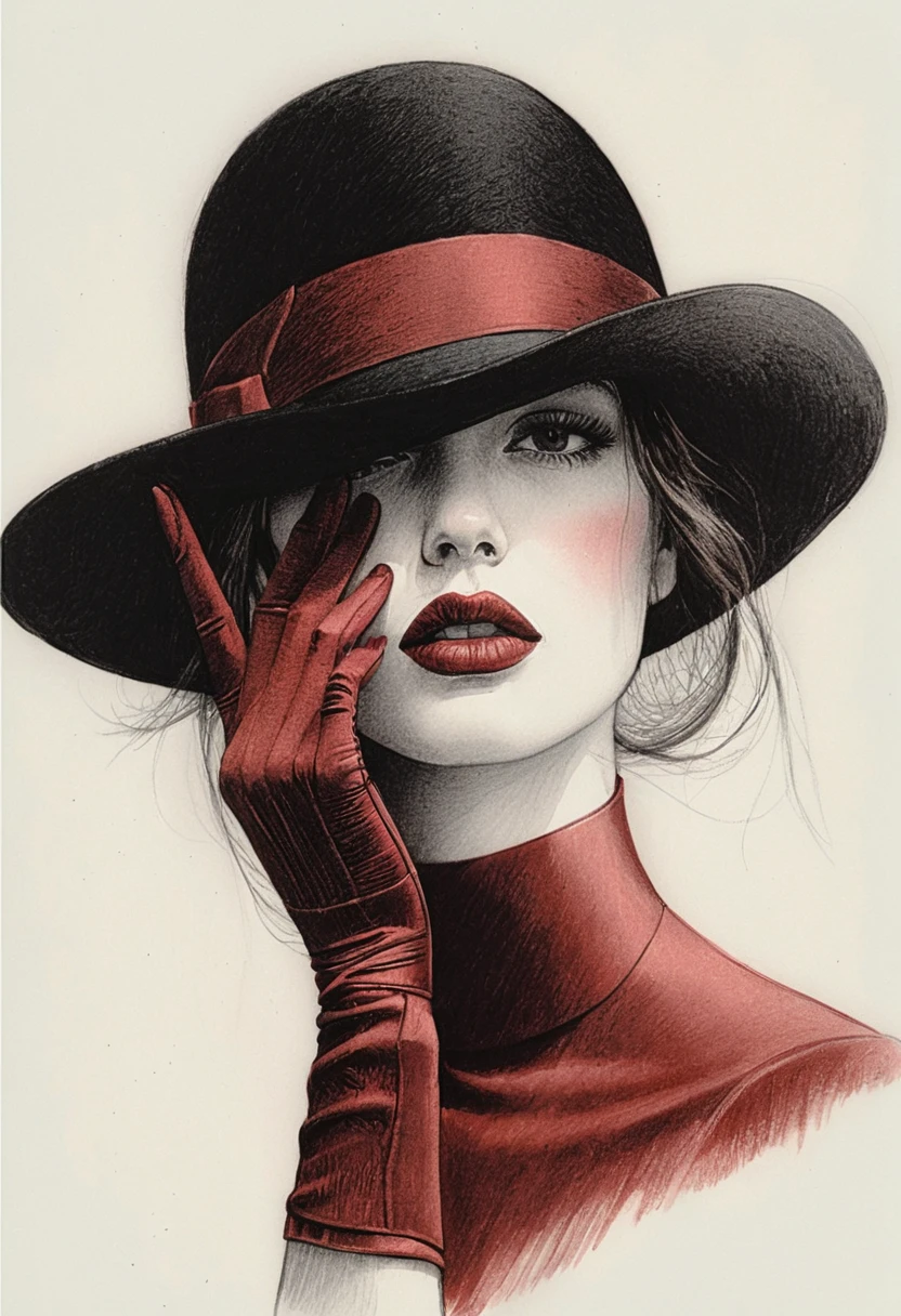Woman in bowler hat with crimson glove covering one eye