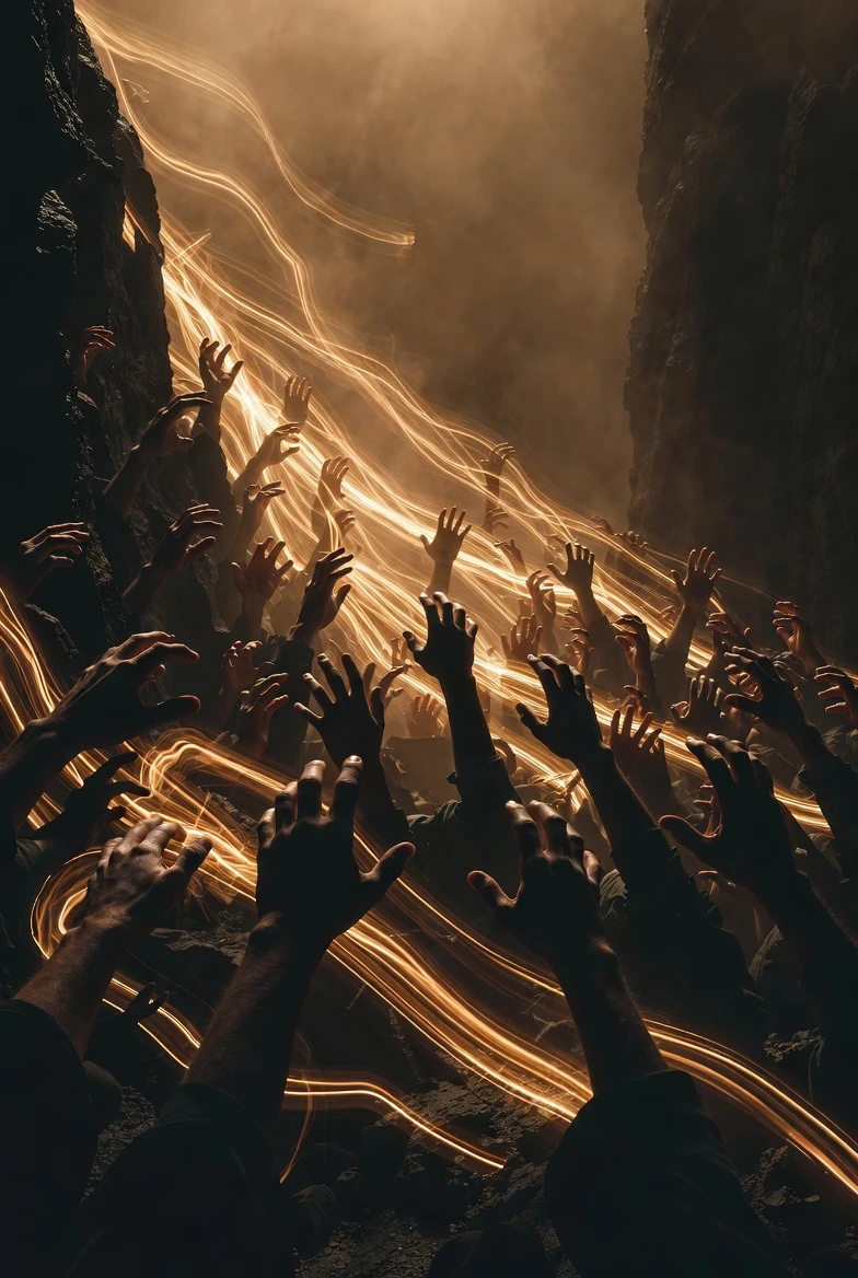 Many ghostly hands reaching upward from a dark abyss