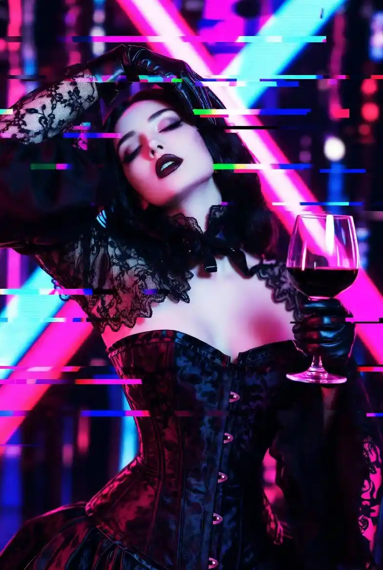 Gothic vampiric woman in corset with neon glitch style