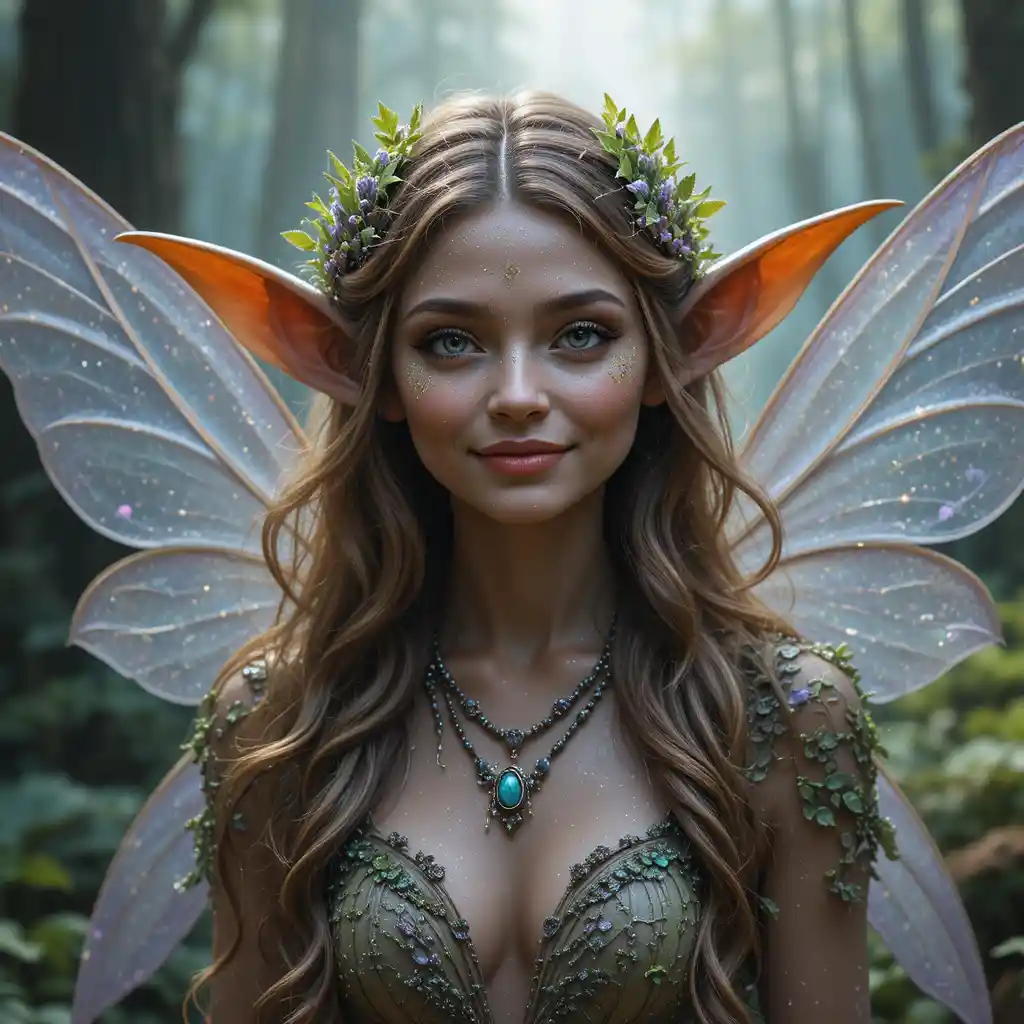 Brown fairy woman with leafy dress in forest portrait