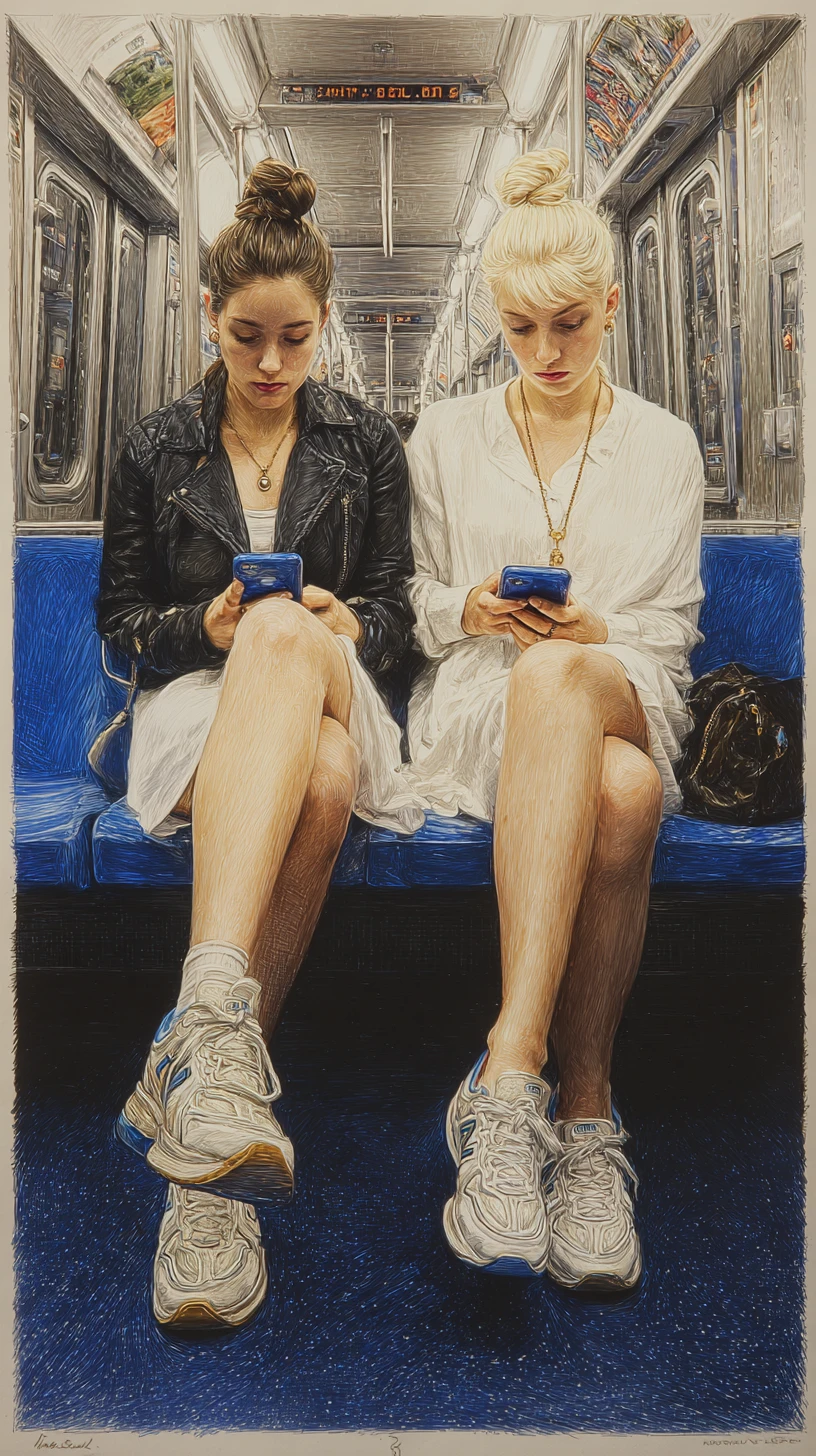 Two young women on a Paris metro absorbed in their phones