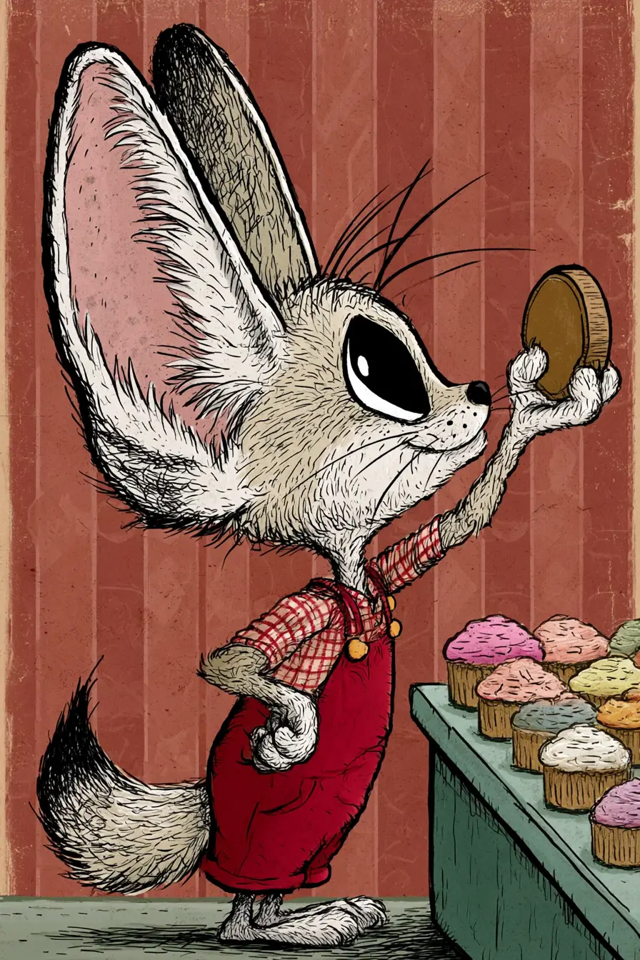 Cartoon fennec fox holding coin in cupcake bakery