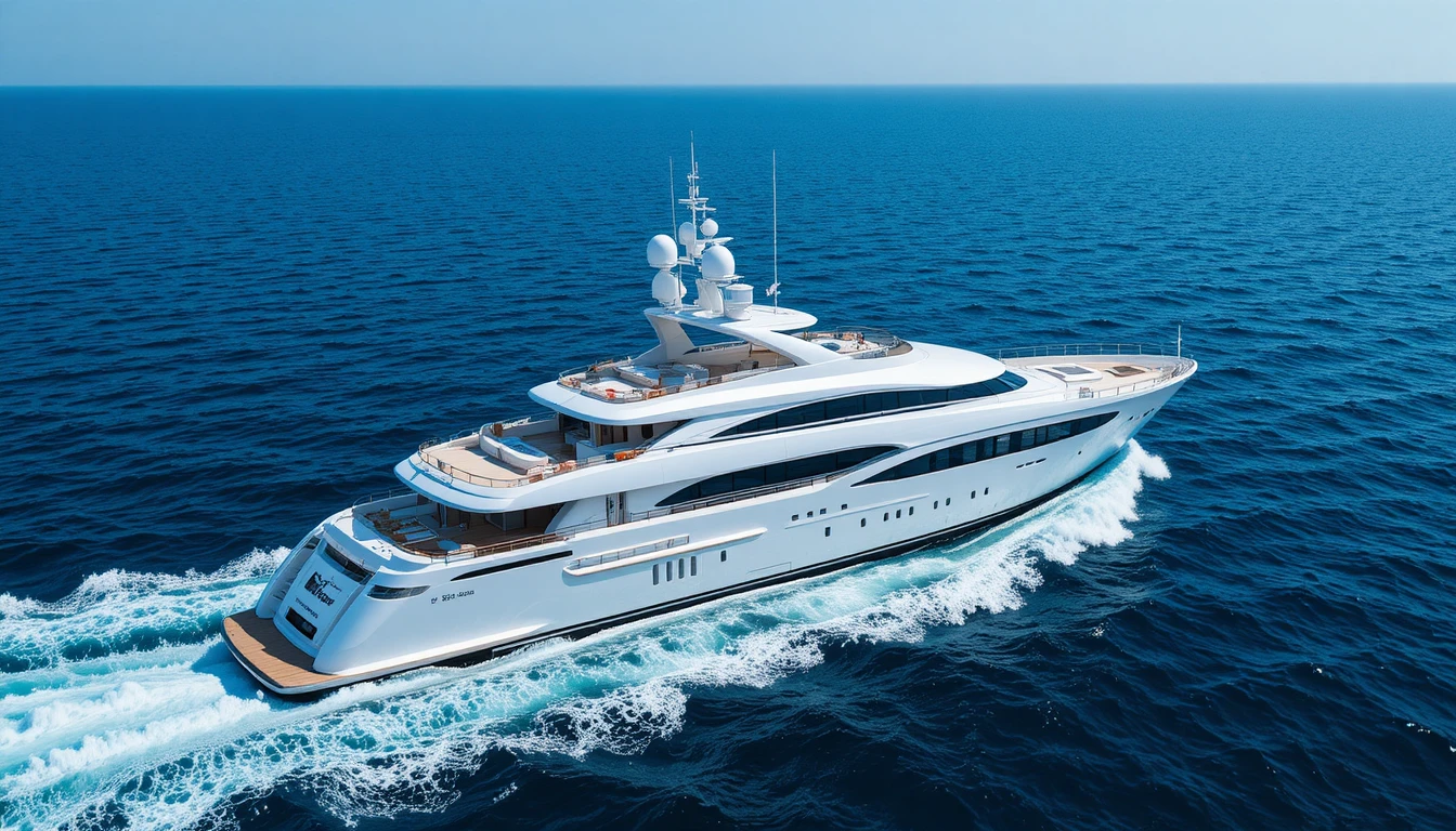 Luxury white motor yacht cruising on calm deep blue sea