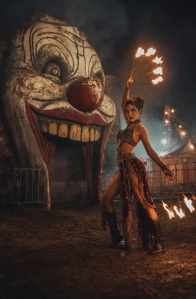 Cinematic night scene in an abandoned circus field