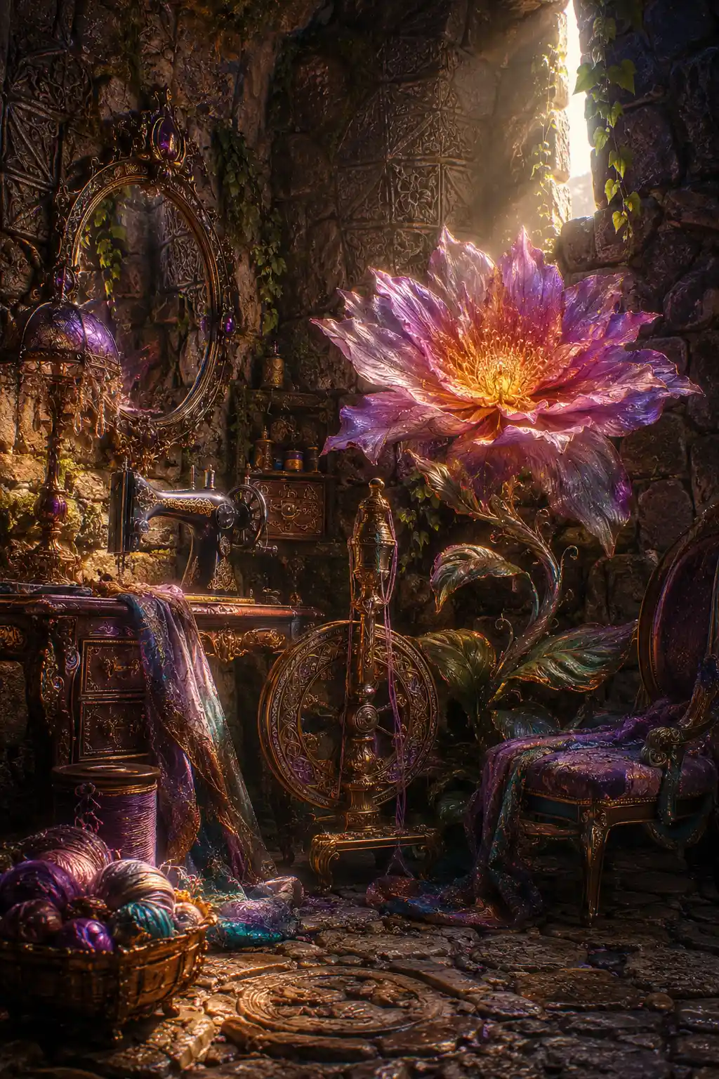 Fantasy spindle in a carved cobblestone sewing room