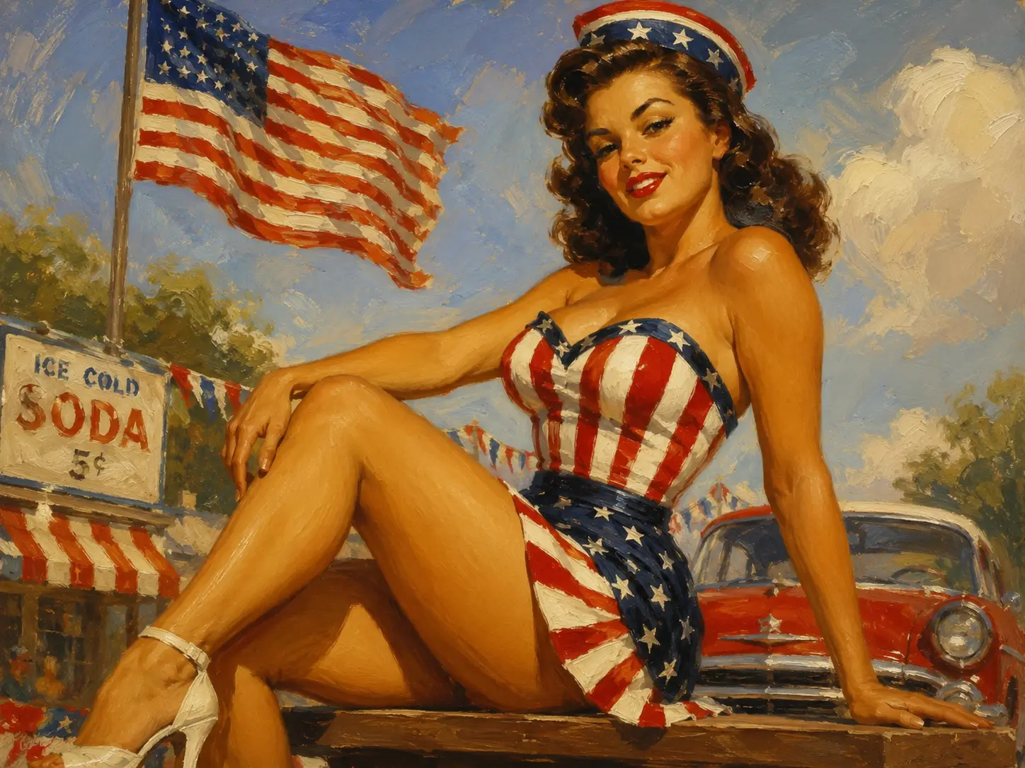 Vintage pinup brunette in patriotic summer outfit
