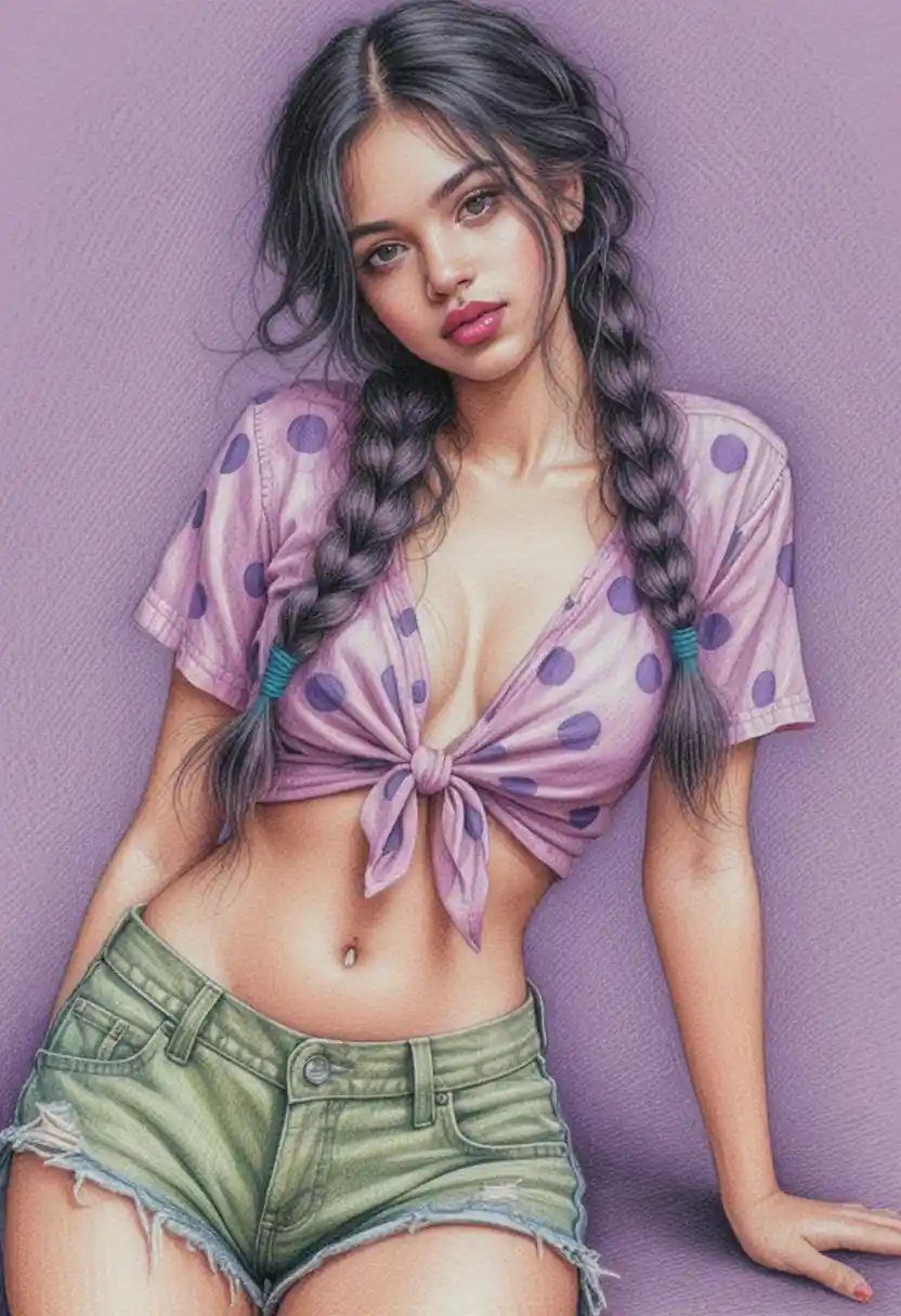 Young woman with braids in pencil portrait illustration