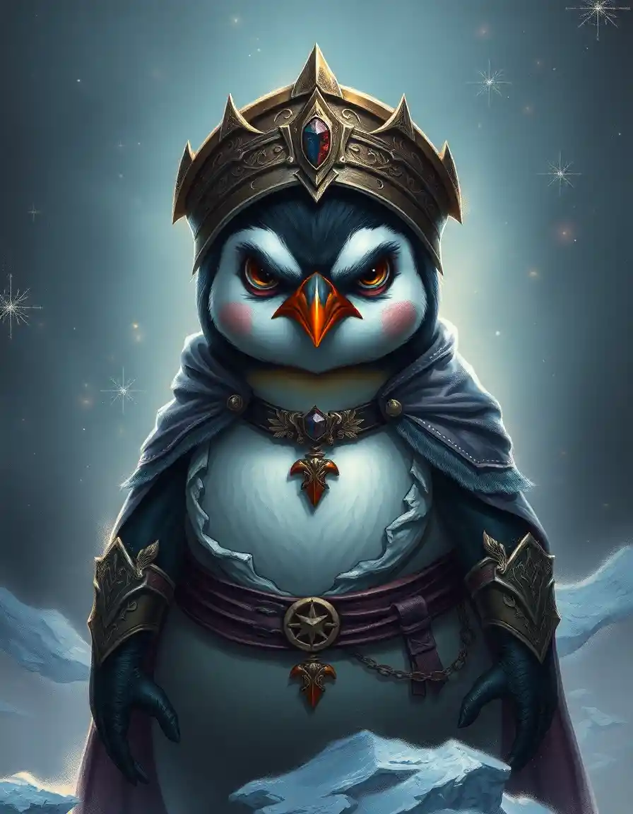 Angry penguin dressed as a medieval warrior maiden
