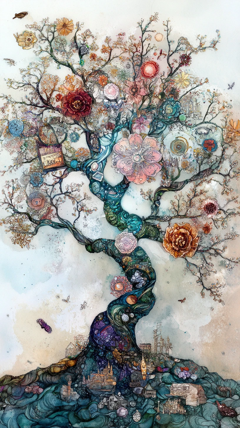 Gigantic Memory Tree With Dreamlike Scenes In Blossoms
