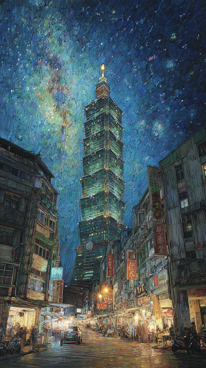 Taipei skyscraper dissolving into a dreamy cosmic night sky