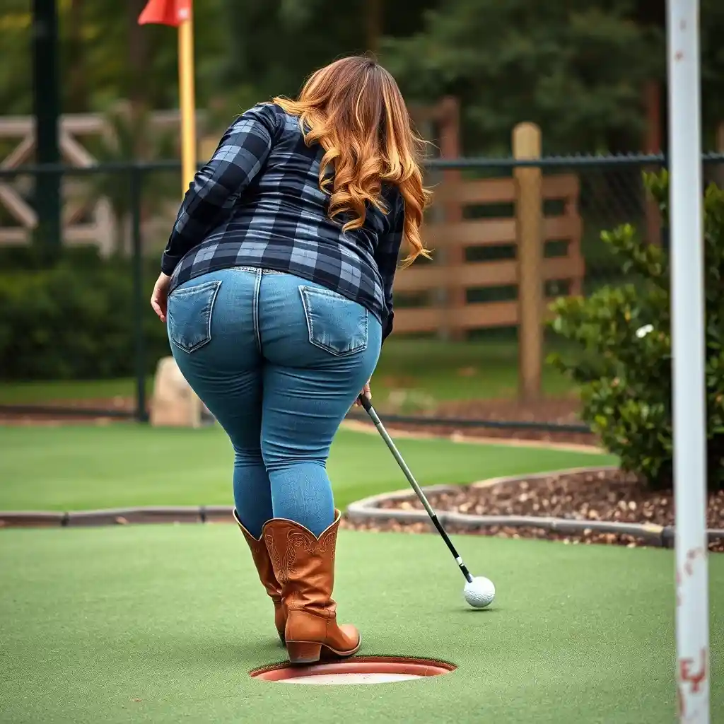 Curvy woman in plaid shirt playing outdoor mini golf