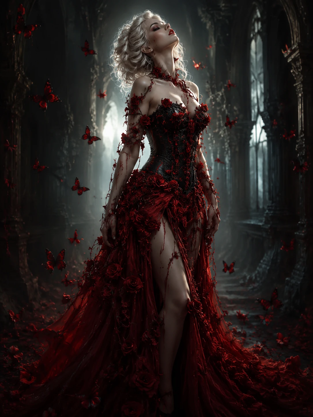 Woman in roses in a dark gothic hallway