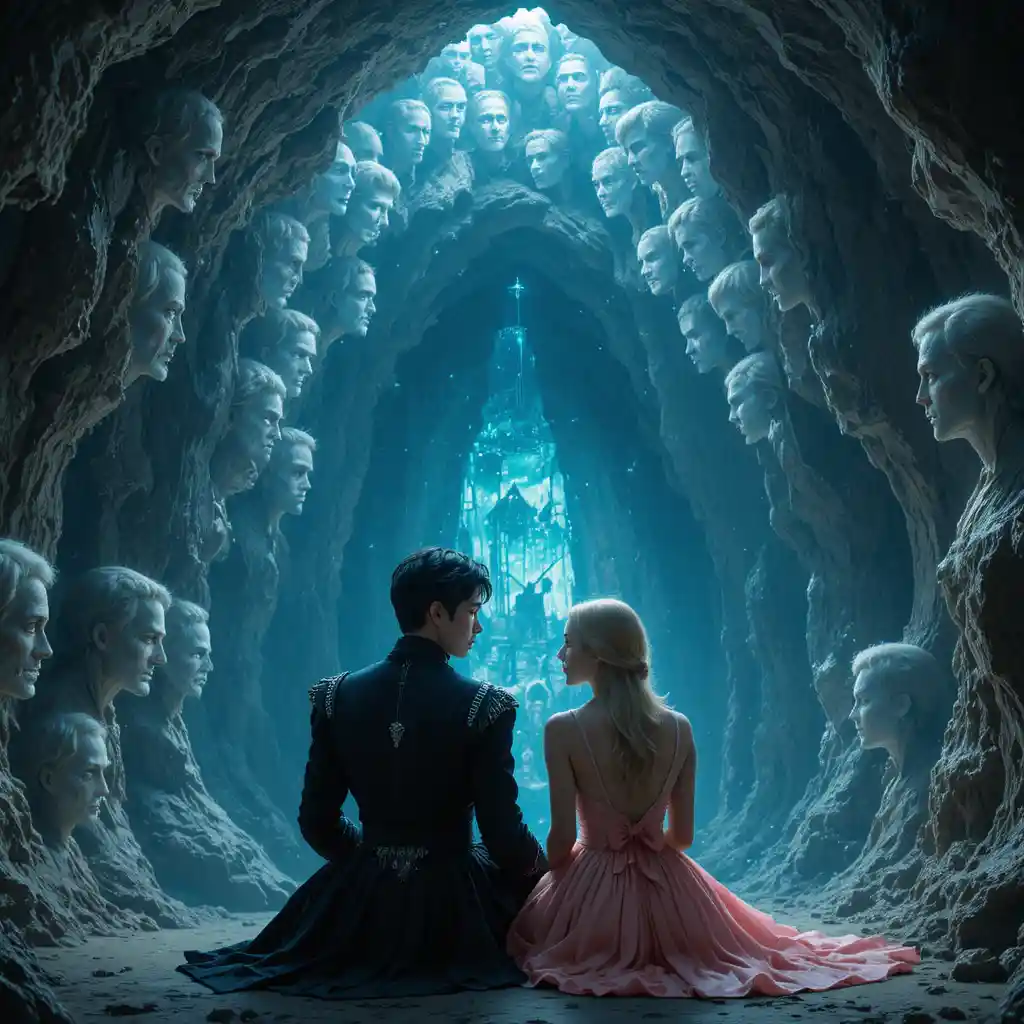 Young boy and girl in a vast icy cave