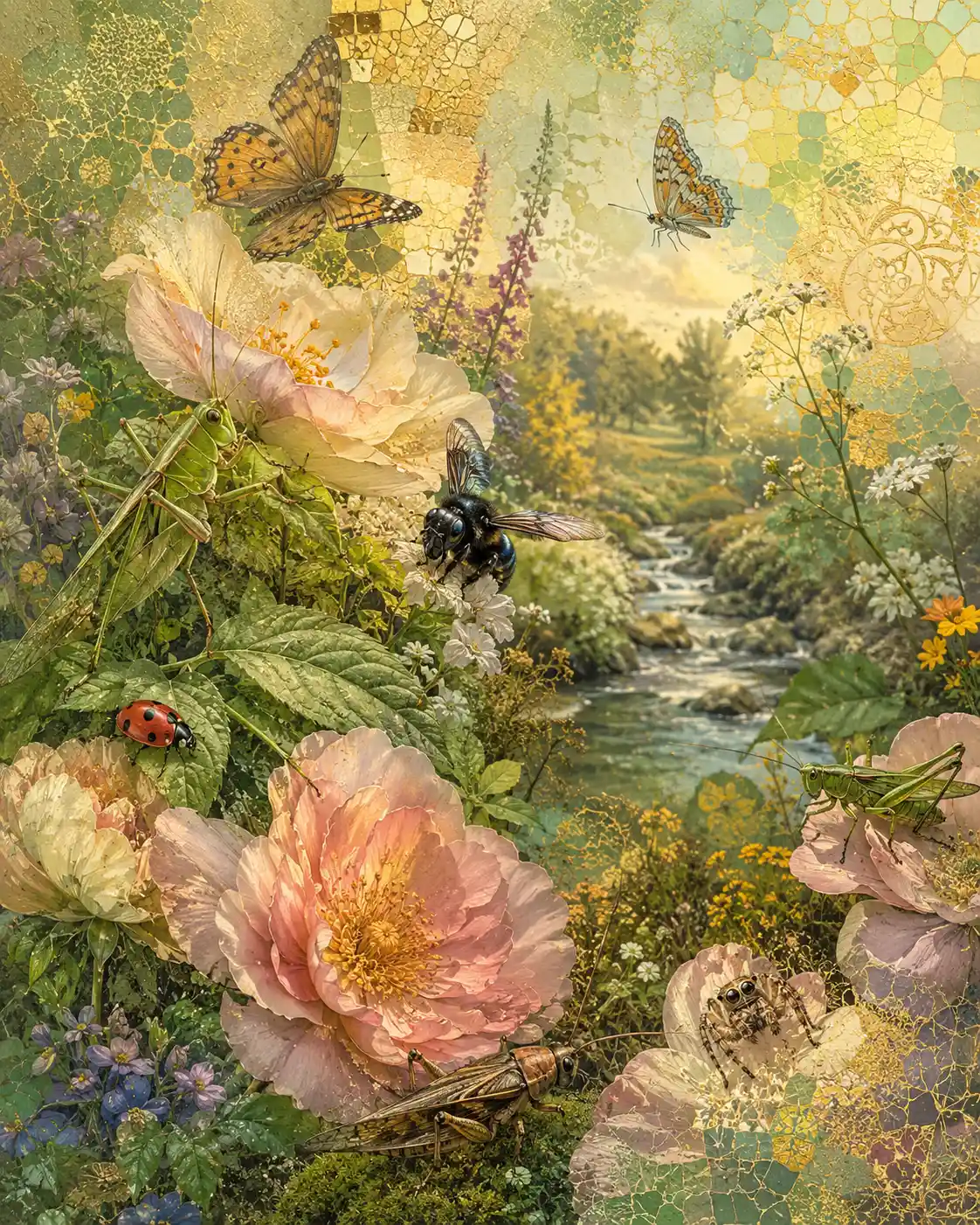 Colorful close up flowers in a peaceful country garden