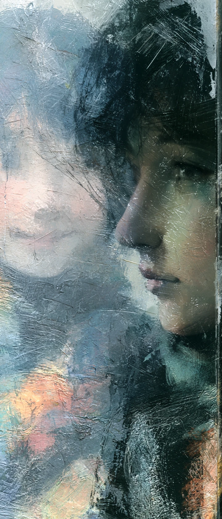 Close up anime girl with blurred smiling reflection