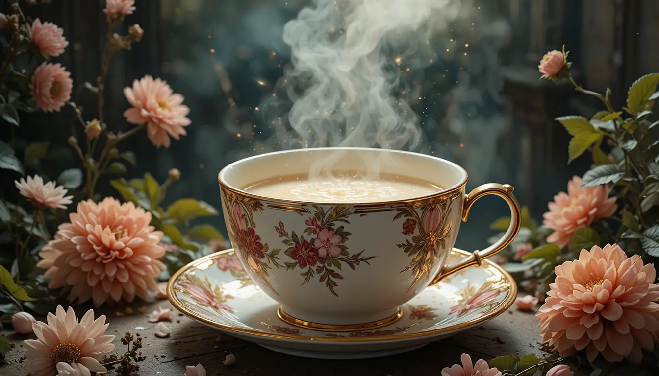 Surreal lowbrow scene with lace bra and giant teacup