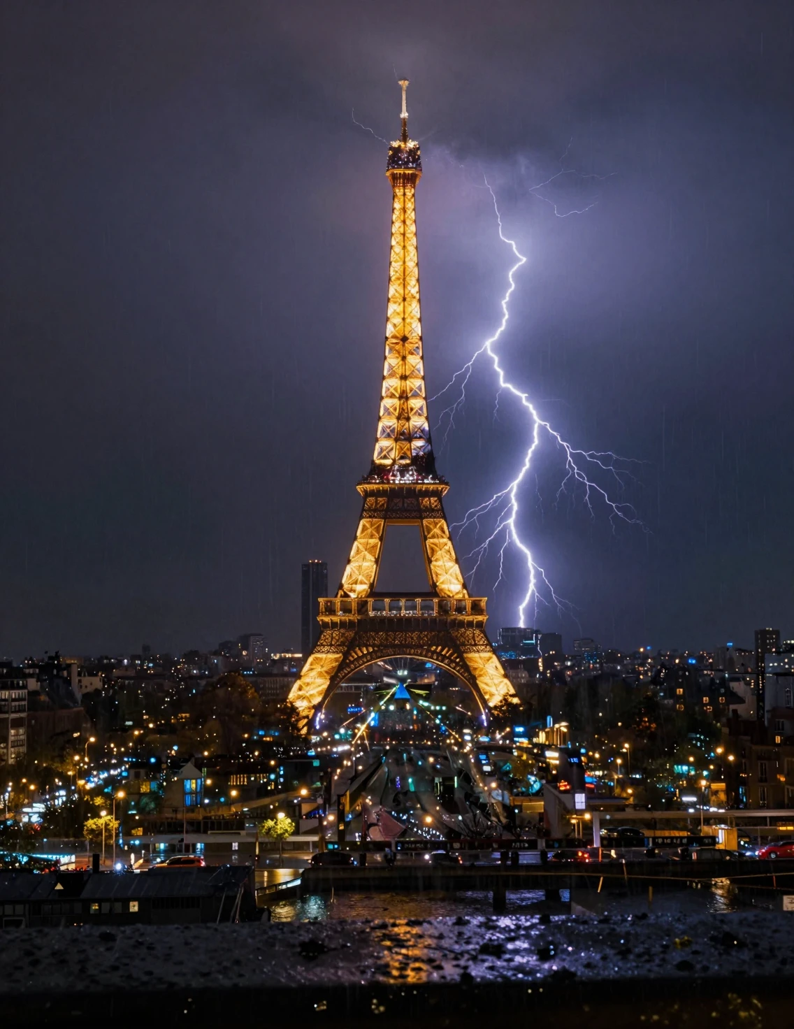 Paris skyline at night with lightning through wet window