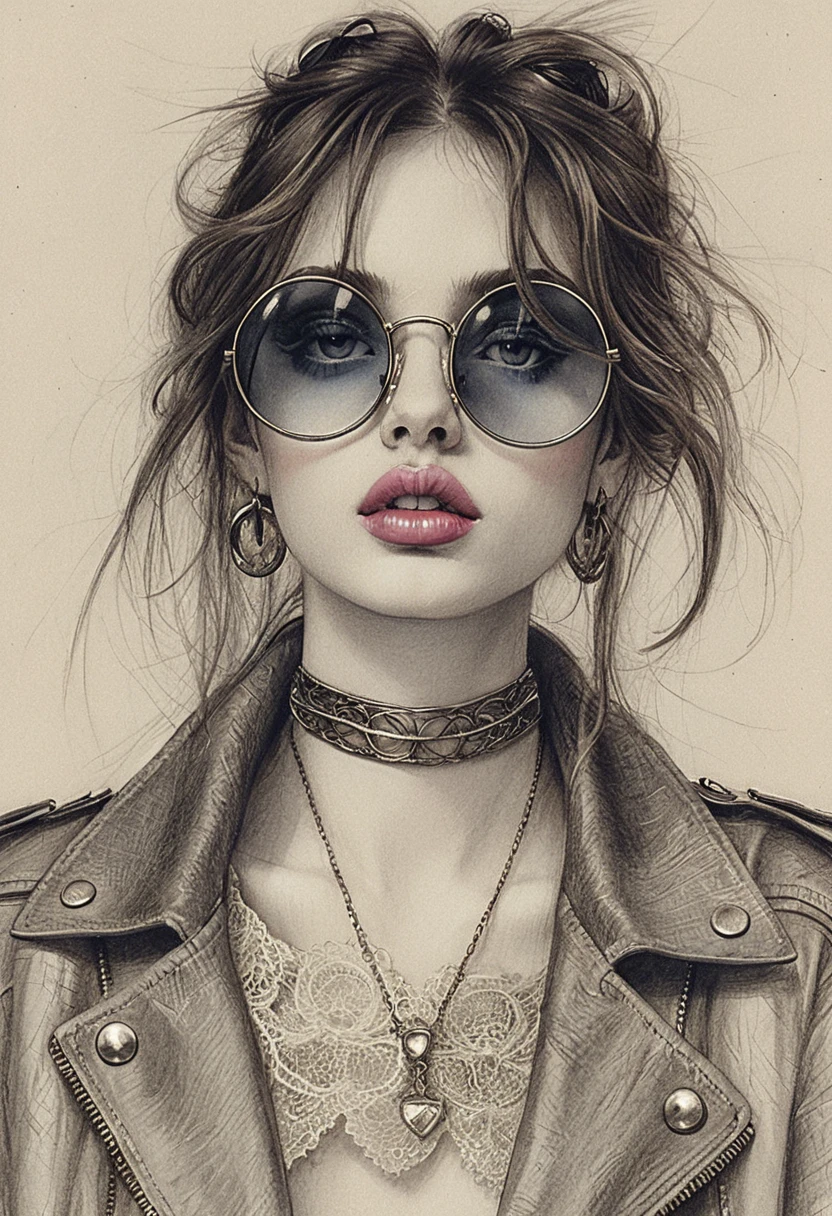 Pencil portrait of a girl in sunglasses and hoop earrings