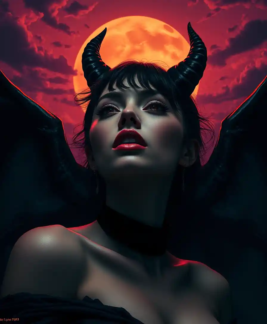 Demonic horned woman at eerie twilight in surreal portrait