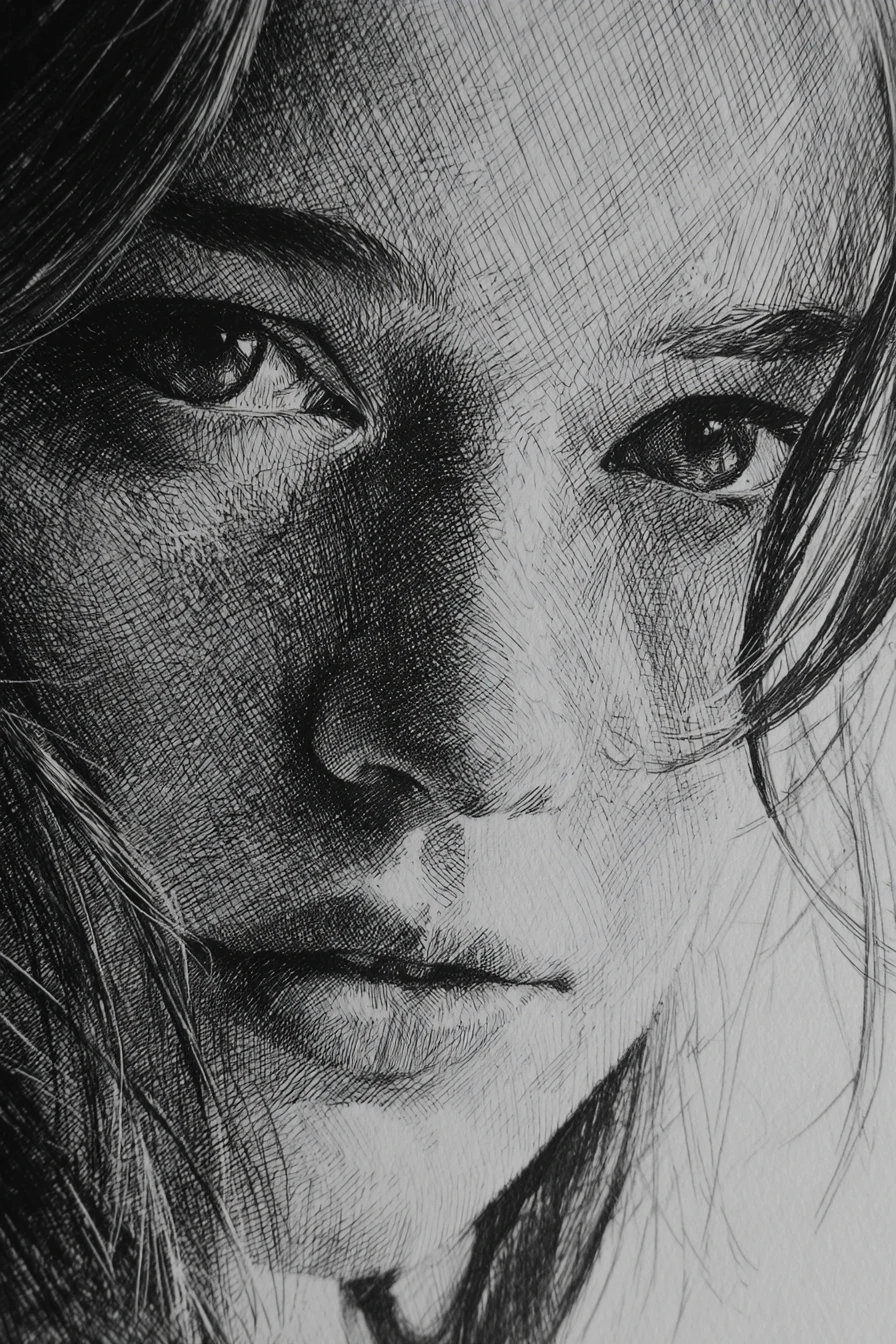 Retrato melancólico a lápis com sombras dramáticas de claro-escuro
