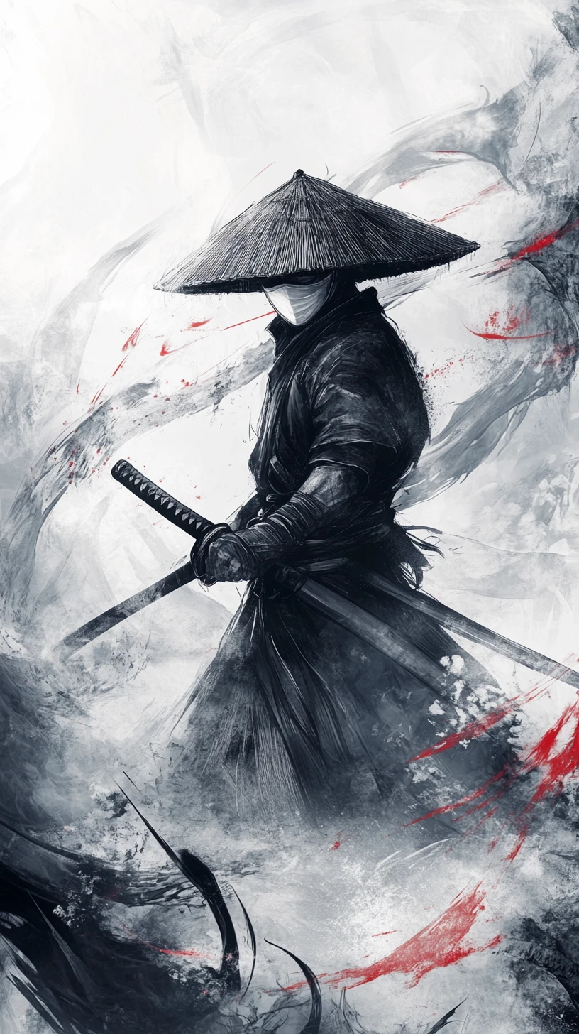 Masked samurai warrior poised to strike in swirling smoke