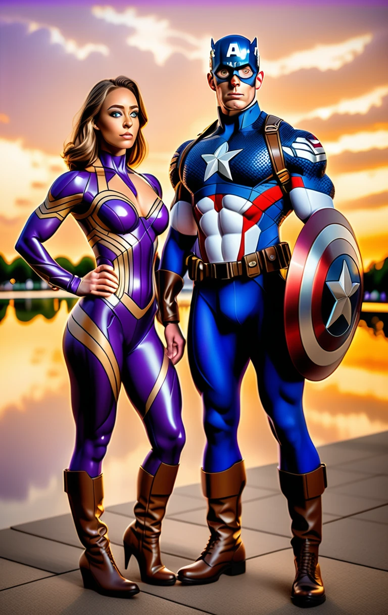 Heroic duo in patriotic suits at sunset on the mall