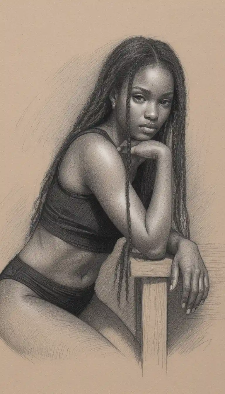 Graphite drawing of a woman resting in three quarter pose