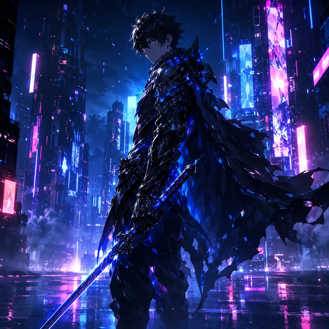 Anime warrior in neon cyberpunk city at night