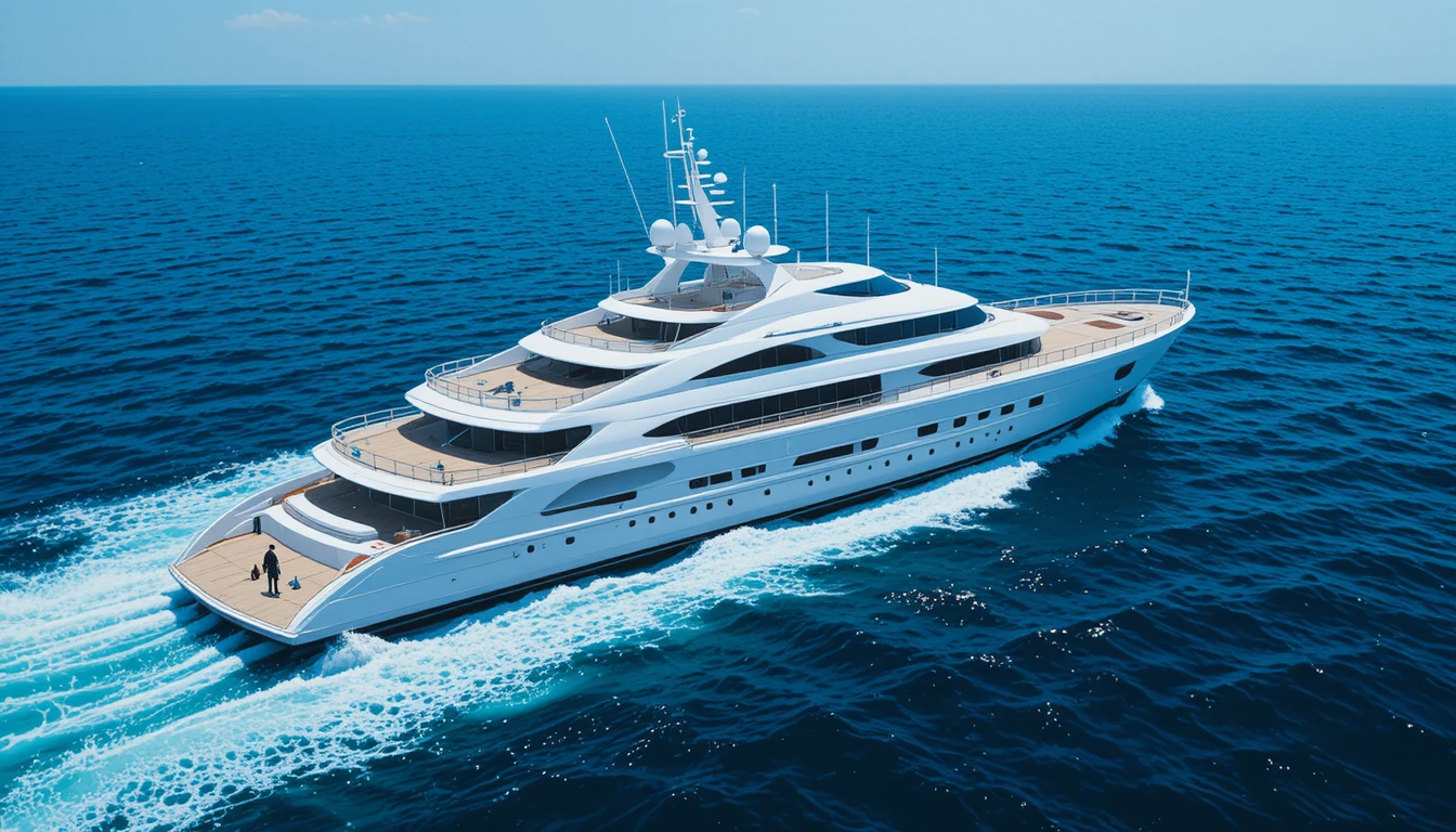 Luxury white motor yacht cruising on calm deep blue sea