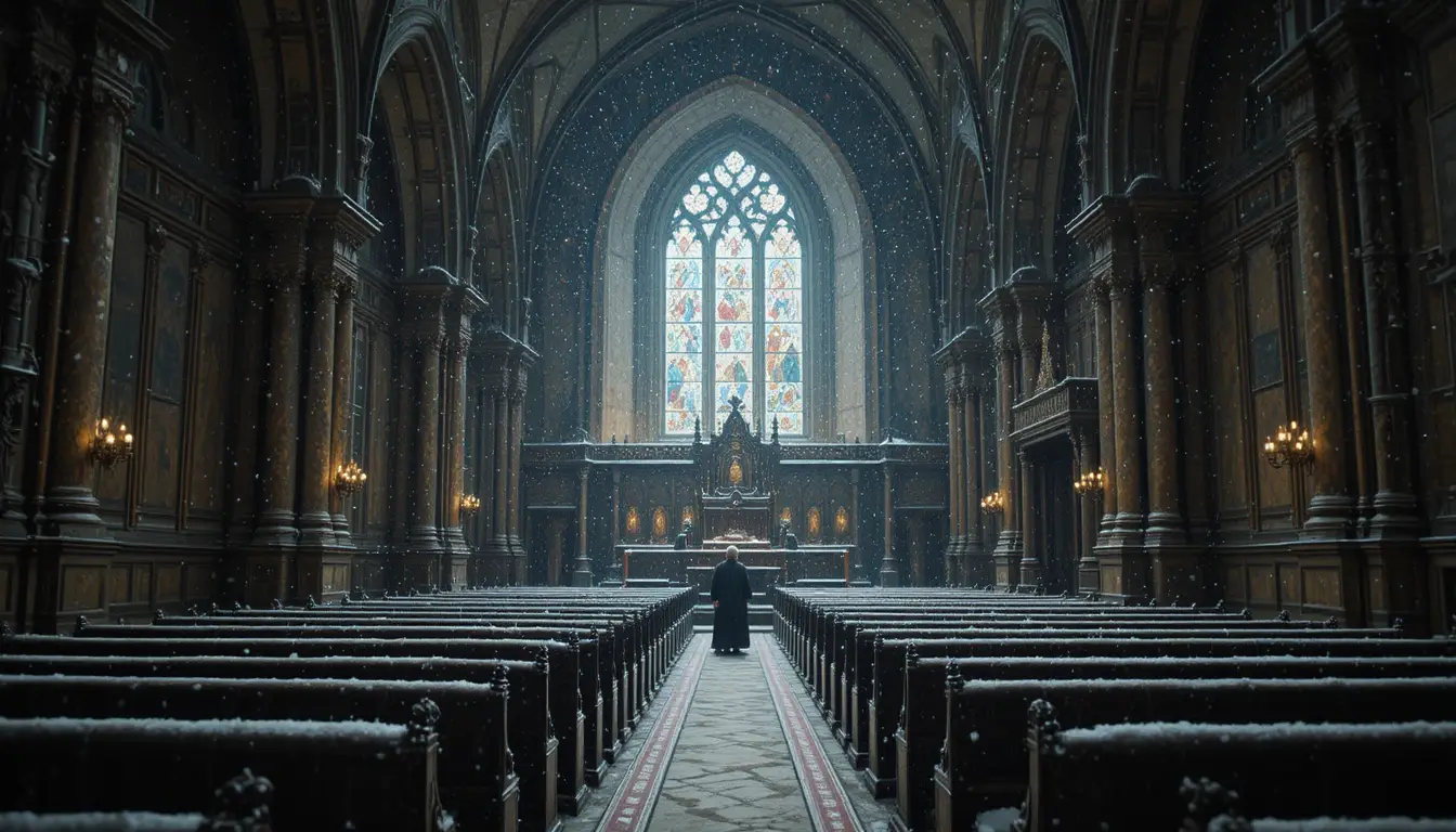 Heiztechniker inspiziert gefrorene Rohre in einer kalten Kirche