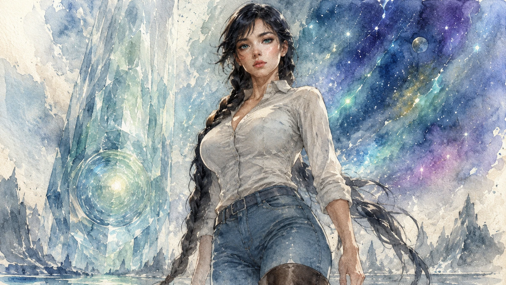 Trans Kryptonian woman guardian with long braids in casual clothes