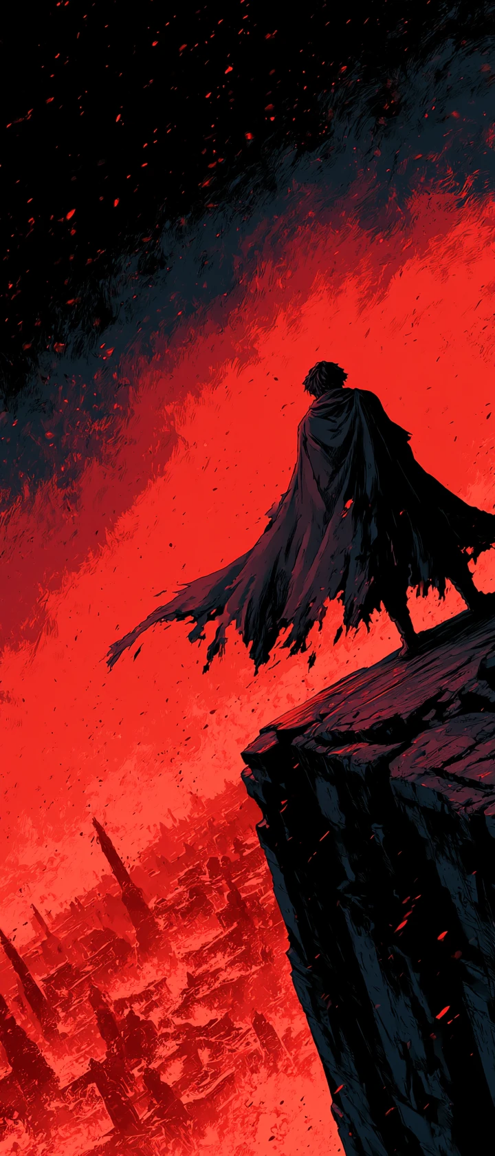 Lone warrior on cliff above burning ruined empire