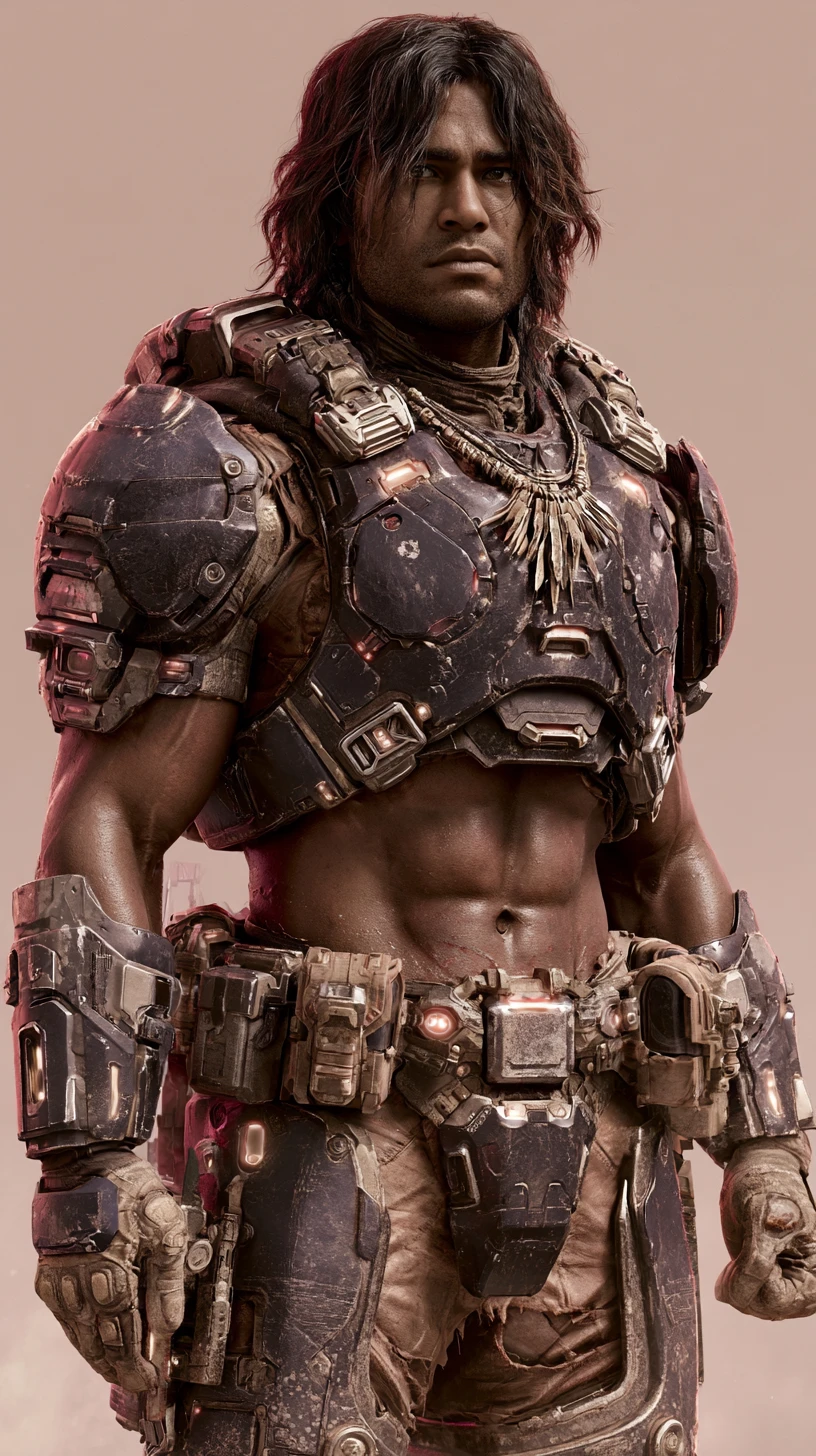 Sci fi warrior in futuristic armor standing in neon city