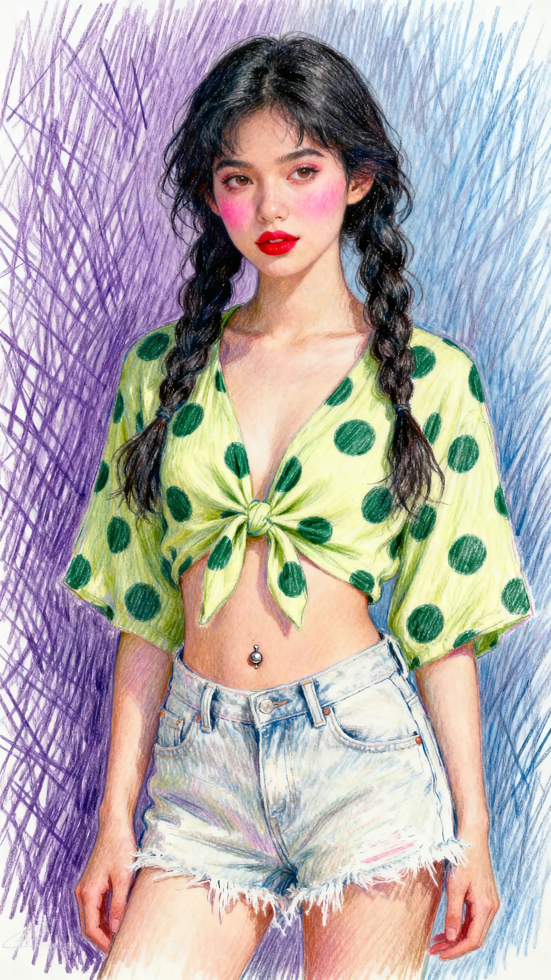 Colored pencil portrait of a girl with braided dark hair