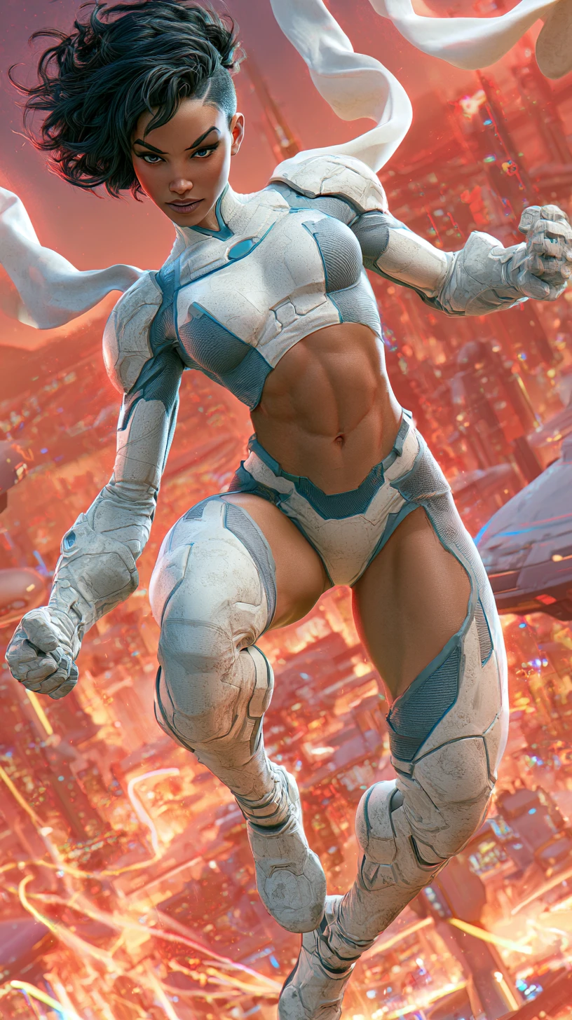 Powerful muscular woman flying above futuristic city