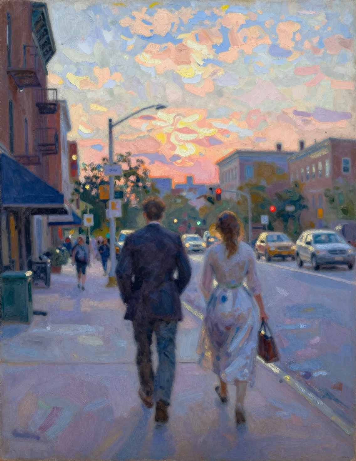 Impressionist couple walking along a glowing New York street