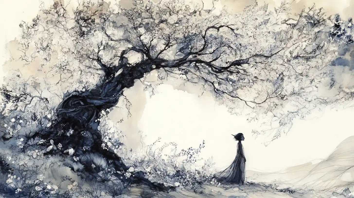 Elf Beside Ancient Tree Made Of Translucent Botanical Layers