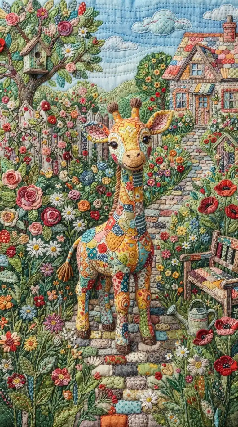 Small patchwork giraffe standing in a colorful garden