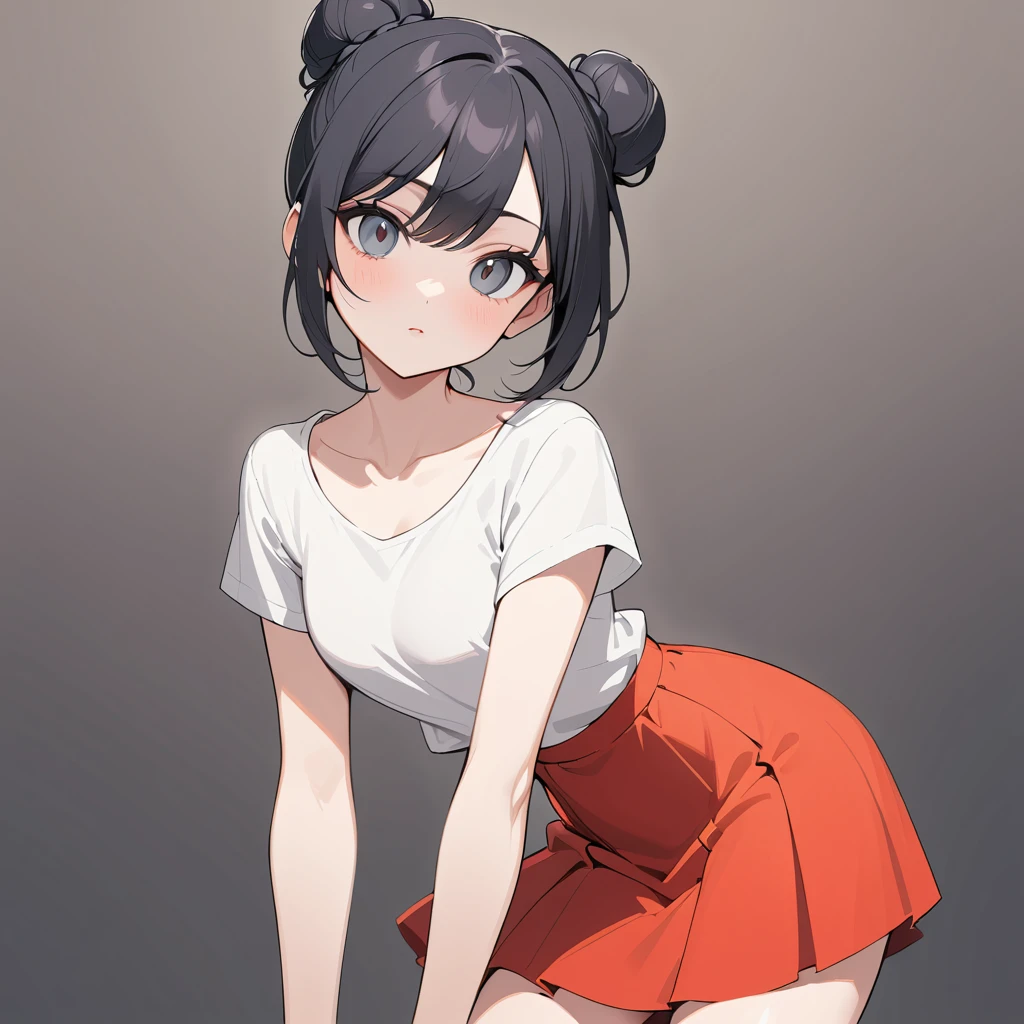 Young woman in red skirt and white top standing