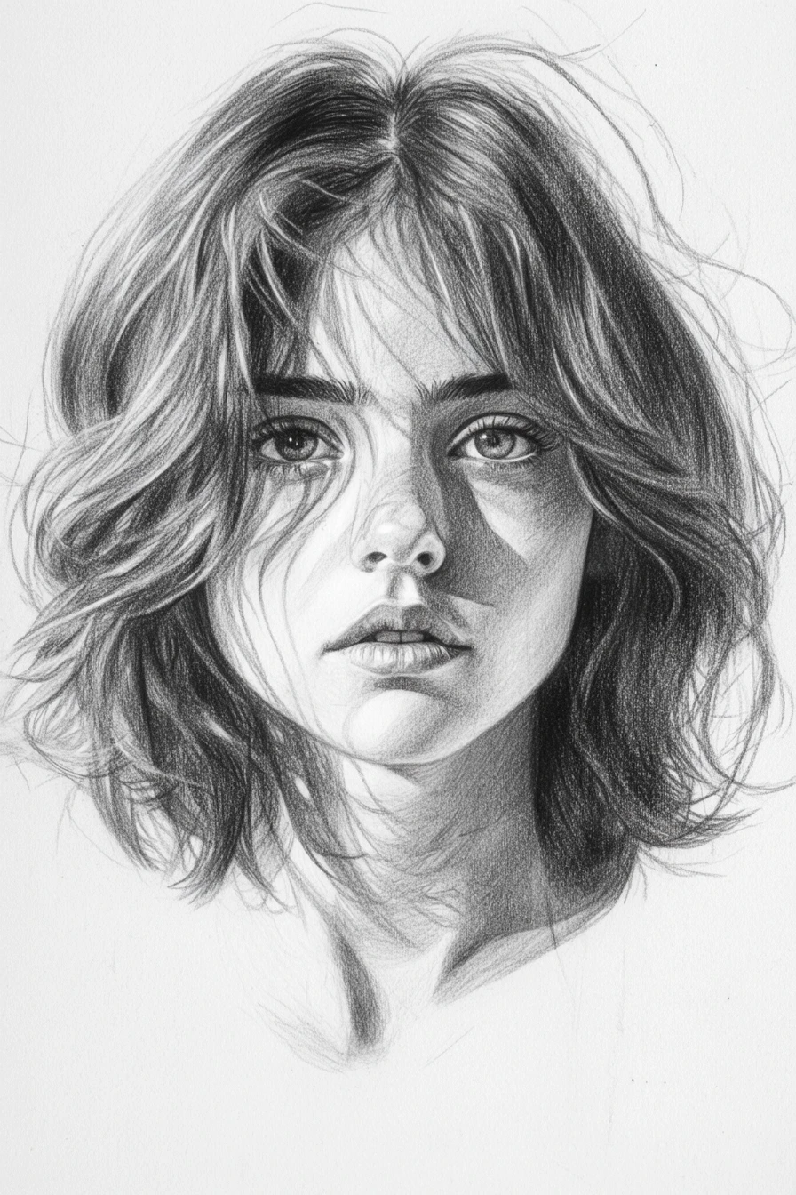 Melancholic pencil portrait with dramatic chiaroscuro shadows