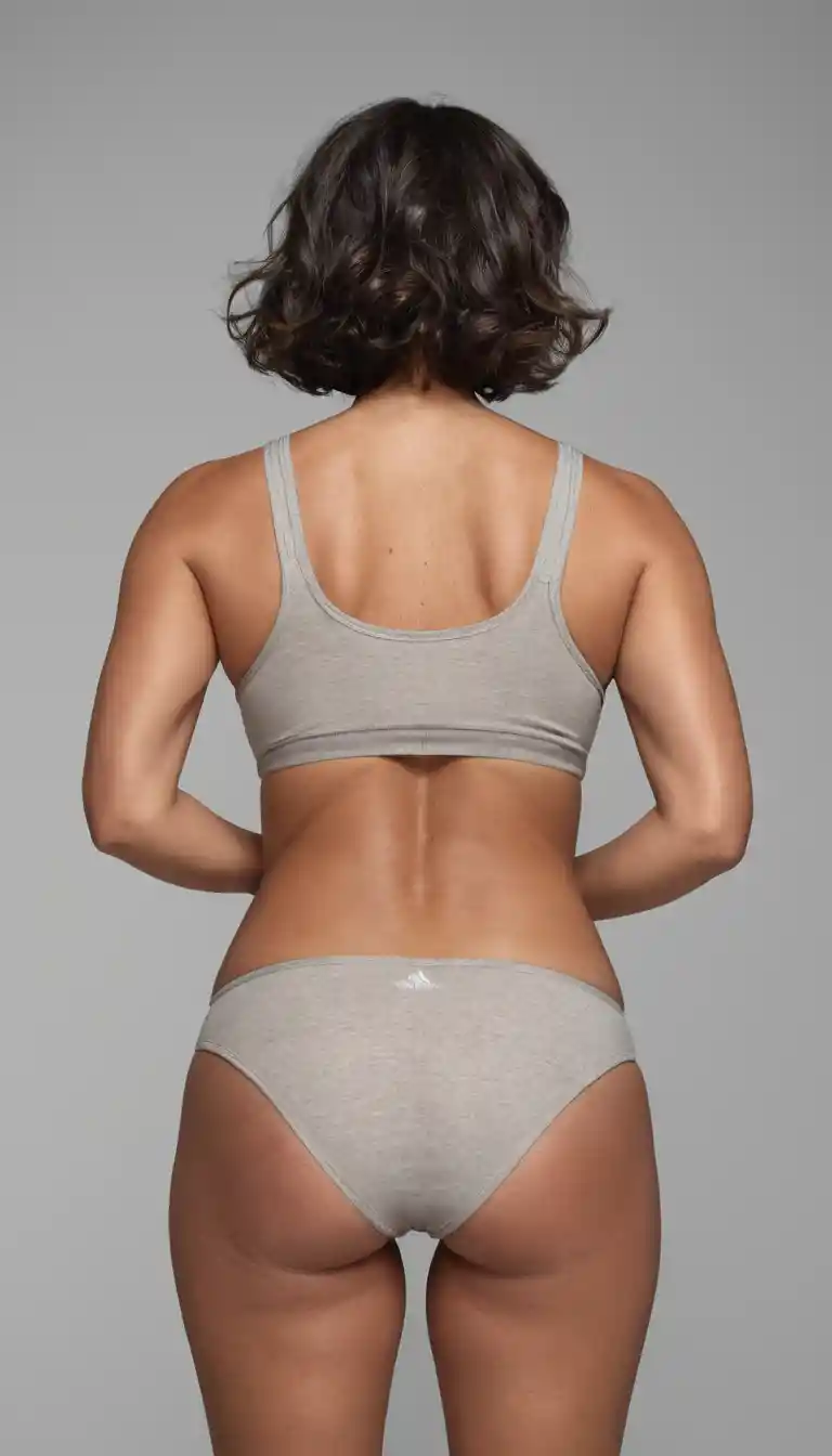 Low angle portrait of a woman in tank top and panties